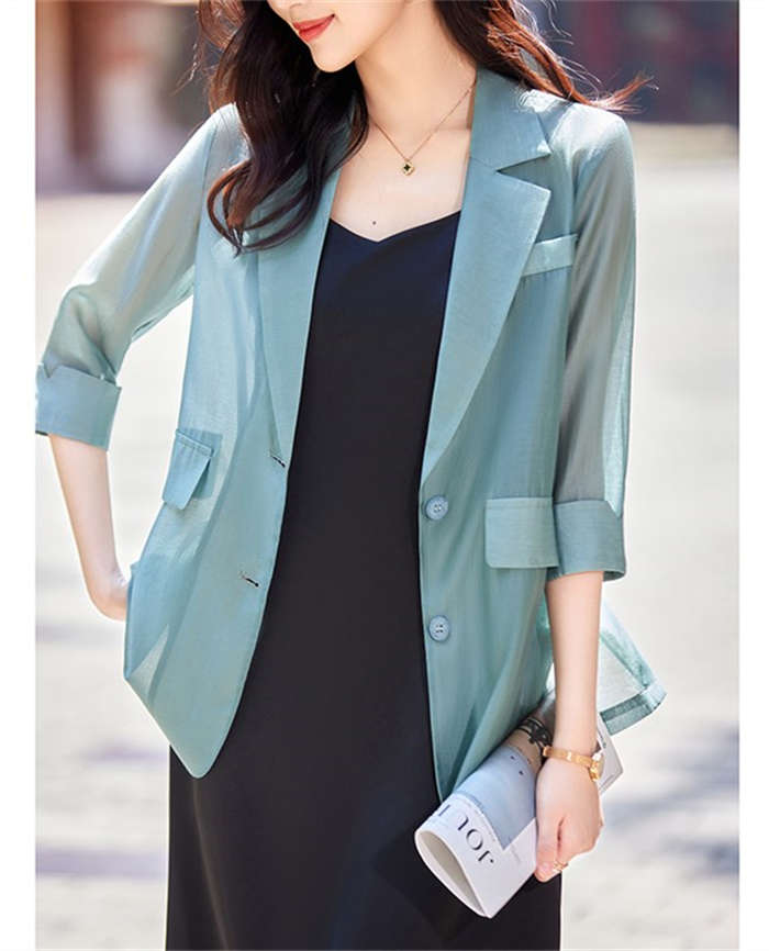 サマージャケット レディース テーラードジャケット 7分袖 ロング丈 無地 薄手 大きいサイズ 冷房対策 アウター トップス UVカット 春 夏 秋 アウター 入園 入学 卒業式 長袖 上着 オフィス 通勤 カジュアル 普段着 万能 大人 上品 ブラック グリーン ベージュ