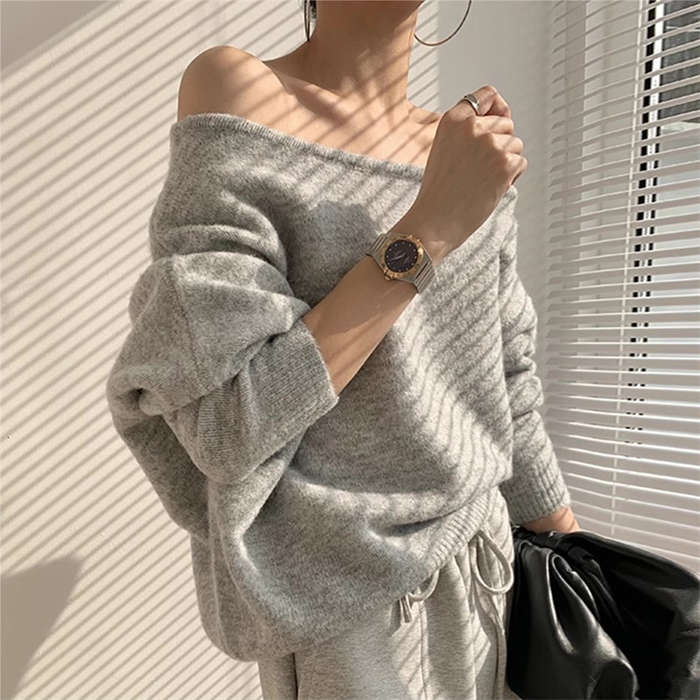 Turtleneck - 【2点600円割引】ニット レディース トップス セーター オフショルダー アシンメトリー 無地 スラッシュドネック おしゃれ セクシー 秋 冬 グレー ブラック ベージュ 韓国風 タートル レイヤード プルオーバー 秋 冬 オフィス 事務服 通勤 OL セクシー