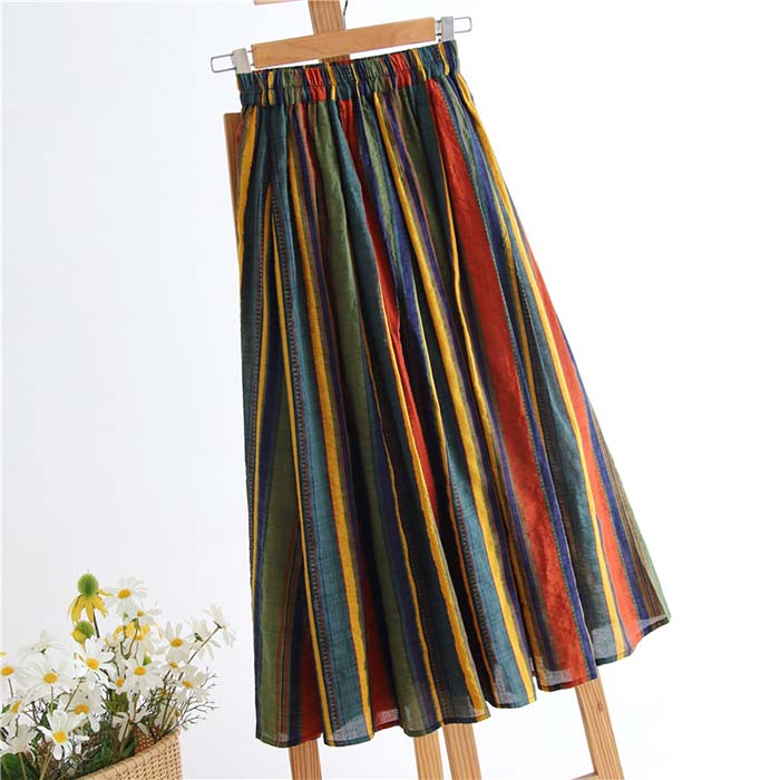 Skirts - 【2点600円割引】スカート フレアスカート リネンスカート 棉麻 麻生地 エスニック風柄 ロングスカート ボヘミア風 大人 カジュアル レディース ウェストゴム ストライプ 上品 エレガント