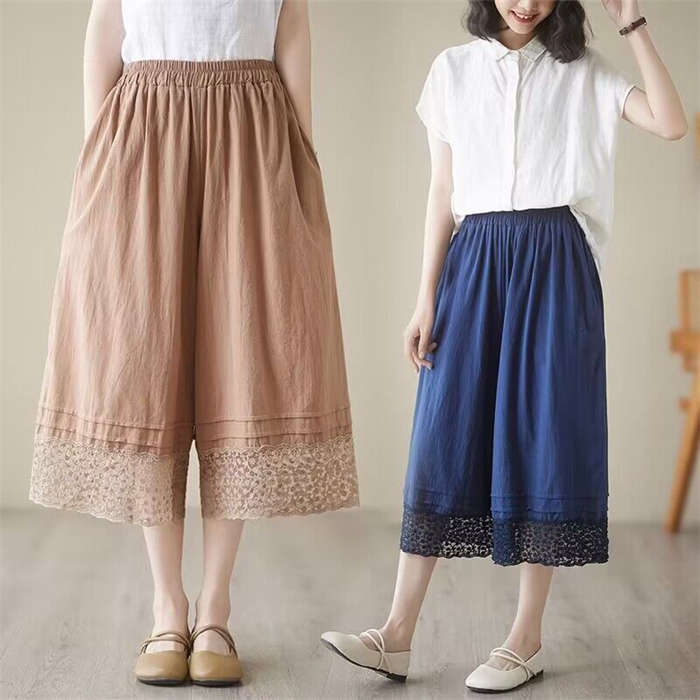 ワイドパンツ 裾レース レディース 綿麻風 ガウチョパンツ 春 夏 ウエストゴム ペチパンツ ポケット付き 七分丈 ロングパンツ ゆったり 重ね着 ボトムス ボリューム ワイド インナーパンツ おしゃれ カジュアルパンツ カジュアル 着痩せ 美脚 30代 40代 50代(4.0)