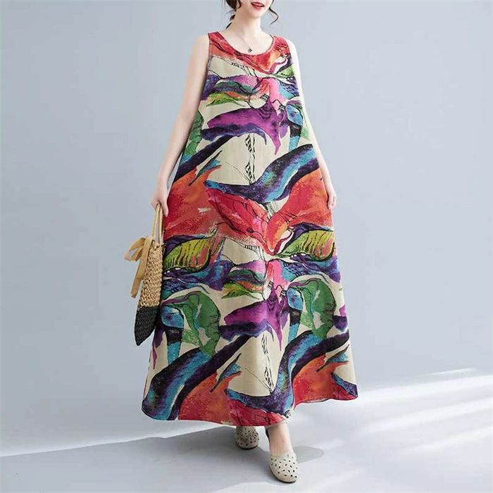 ワンピース レディース ロング ワンピース ノースリーブ ロング ワンピ 体型カバー ゆったり ゆるっとワンピース シンプル 綿麻調 ロングワンピ 花柄 かわいい 春 夏 大きいサイズ カジュアル 20代 30代 40代 50代 おしゃれ