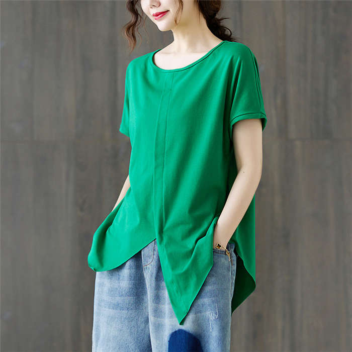 樂天商城 - 【2点600円割引】Tシャツ レディース きれいめ 40代 春夏 上品 半袖Tシャツ ブラウス 綿 白トップス ゆったり アシンメトリー オシャレ 韓国風 ゆったりカットソー 大きいサイズ 無地 可愛い インナー Tシャツ 不規則