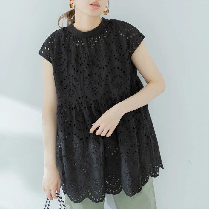 Sleeveless - 【2点600円割引】ブラウス レディース ノースリーブ 透け感 無地 おしゃれ 大人 透かし彫り 女性 tシャツ トップス オーバーサイズ 春 夏 ゆったり 着痩せ 30代 40代 50代 体型カバー 肌着 チョッキ 夏用 春 夏 春 秋