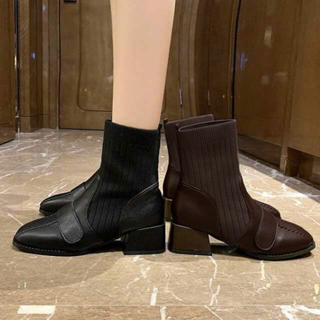 【2点600円割引】ニットブーツ ソックスブーツ レディース ショートブーツ ブーツ 4.5cmヒール 太ヒール 疲れない 歩きやすい 美脚 サイドゴア 秋冬 チャンキーヒール ショート丈 シューズ ストレッチブーツ 履きやすい リブニット おしゃれ 可愛い 韓国ファッション