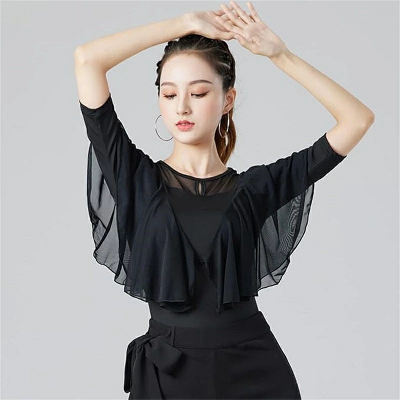 【2点600円割引】社交ダンス モダンダンス服 レディース トップス 透明フリルシャツ 5点袖 ダンス半袖 長袖 Tシャツ スリム 女性用 透け感 ラテンダンス 練習着 デモンストレーション ベリーダンス 練習着 練習服 コース服