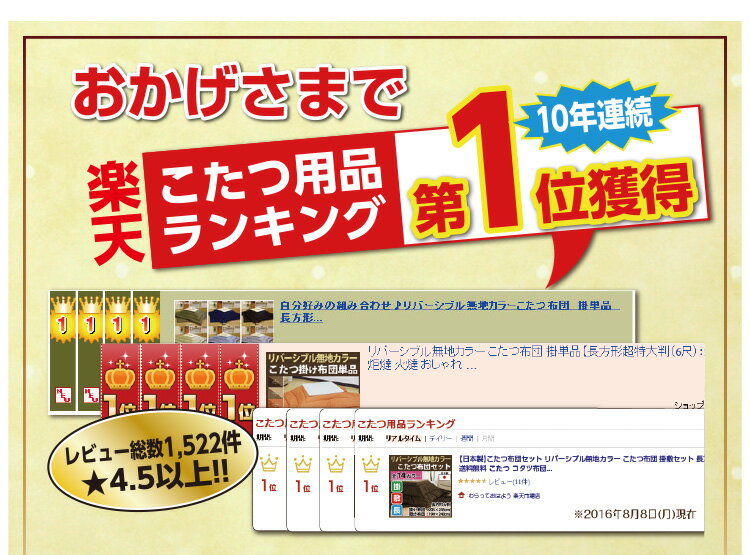 【楽天1位受賞】愛されロングセラー! 日本製 両面使える リバーシブル 高品質 ボリュームこたつ掛布団 長方形特大判:205×285cm 通常の1.5倍の中綿増量タイプ 無地 国産 ブロード生地 しっかり丈夫 綿100% 抗菌 防臭 防ダニ テイジン マイティトップ2 暖かい洗える [3]