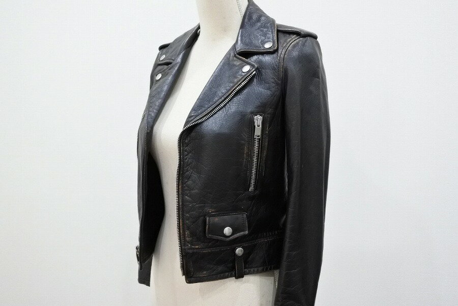 ◆[USED/中古]◆送料無料◆【良好】 SAINT　LAURENT　サンローラン　ライダースジャケット　猫　黒 アウター 34 牛革　 レディース 中古 良好 【RCP】【中古】