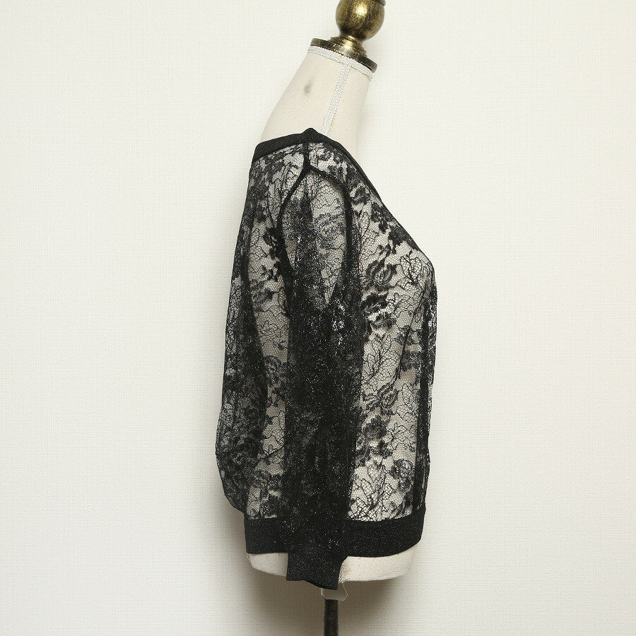 ◆[USED/美品]◆送料無料◆【美品】サンローラン Saint Laurent　総レースラメニット　シースルー 長袖 レースカットソー　花柄　ブラック　黒　34【RCP】【中古】