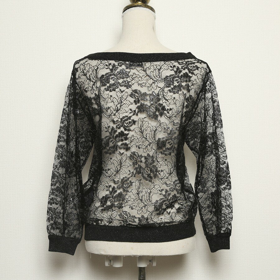 ◆[USED/美品]◆送料無料◆【美品】サンローラン Saint Laurent　総レースラメニット　シースルー 長袖 レースカットソー　花柄　ブラック　黒　34【RCP】【中古】
