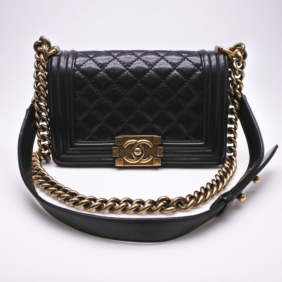 ◆[USED]◆送料無料◆美品　シャネル CHANEL ：ボーイシャネル　ヴィンテージ加工　艶消しゴールド金具　ココマーク　チェーンショルダーバッグ ブラック 黒 箱付き◆ 【RCP】【中古】