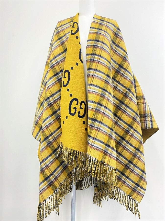 ◆[USED/中古]◆送料無料◆【中古】GUCCI グッチ　リバーシブル GGウール ポンチョ　チェック　格子柄　GG柄　マスタード色　【RCP】【中古】