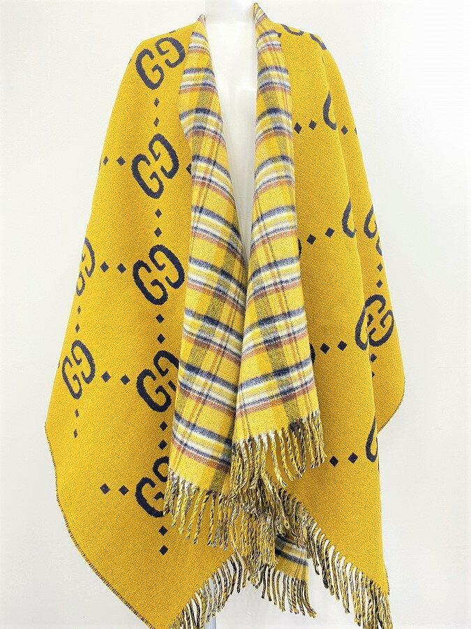 ◆[USED/中古]◆送料無料◆【中古】GUCCI グッチ　リバーシブル GGウール ポンチョ　チェック　格子柄　GG柄　マスタード色　【RCP】【中古】