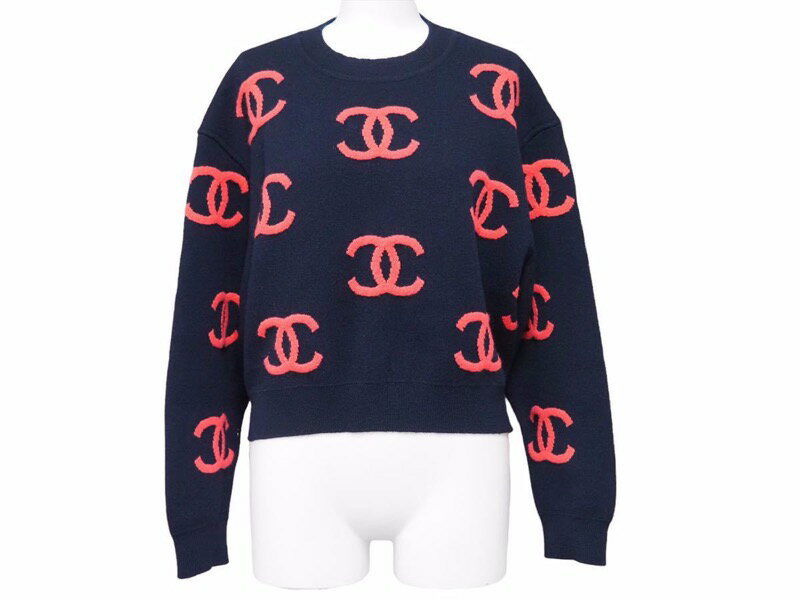 CHANEL シャネル カシミヤセーター ココマーク P70525K10076 ネイビー ピンク レディース サイズ36 美品 N39636