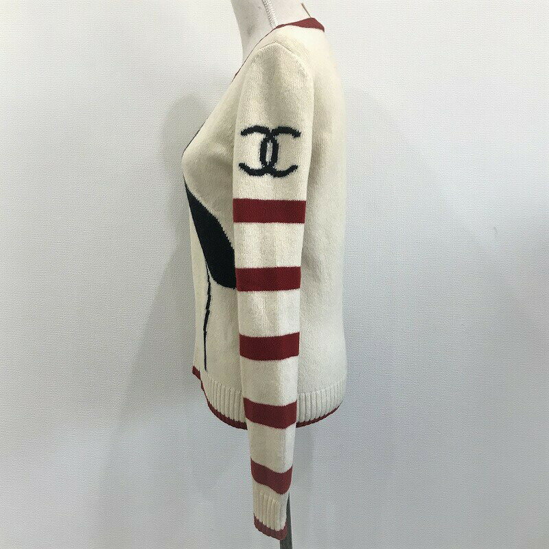 [USED/中古]CHANEL シャネル ニット・セーター 長袖ニット ヴィンテージセーター ペンギンニット ペンギンセーター クルーネック ココマーク アイボリー×レッド ボーダー 07A P31745K00633 M5555 ウール Aランク【中古】