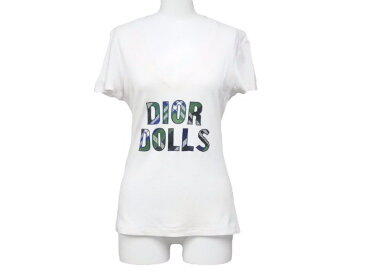 Christian Dior クリスチャンディオール Tシャツ 04年 Vネック チェック柄 DIOR DOLLS ホワイト コットン レディース 中古 39689