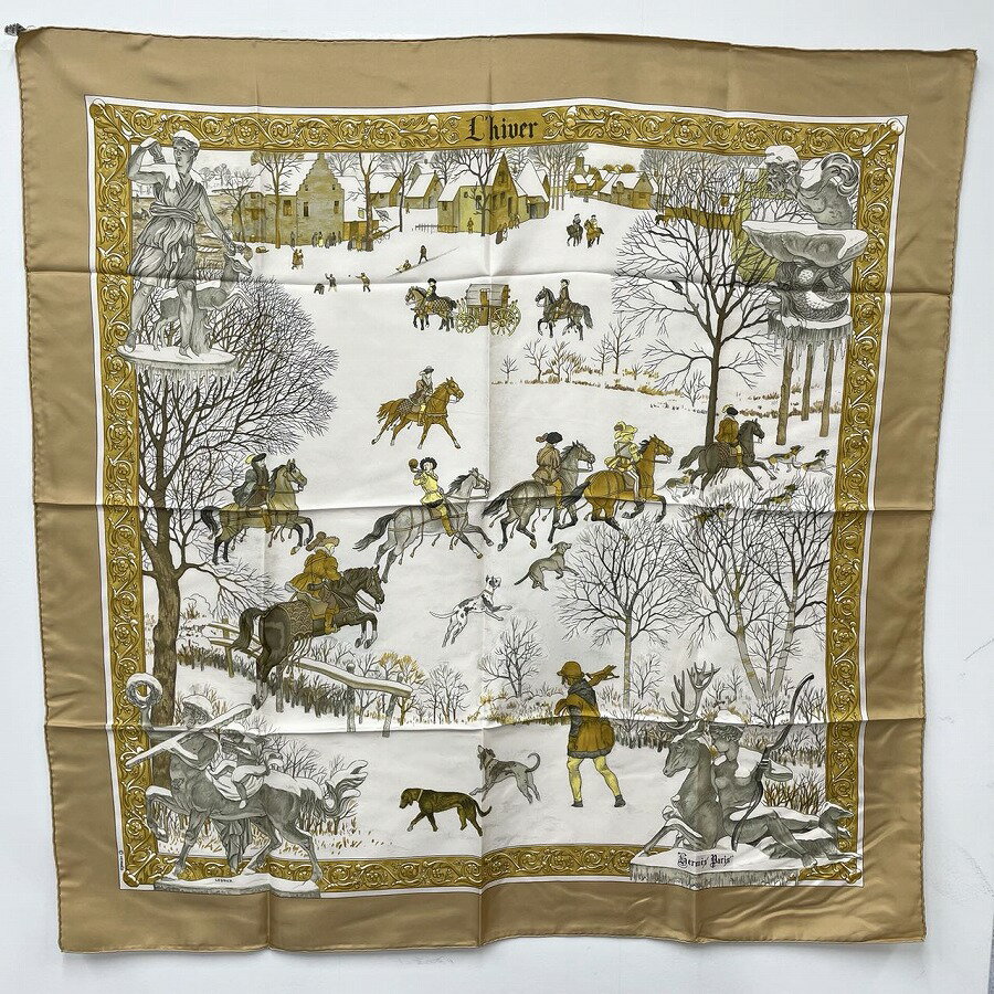 [USED/中古]HERMES エルメス スカーフ 【美品】カレ90 L'hiver 冬 馬 ベージュ ベージュ ゴールド ホワイト シルク B（目立った傷や汚れなし）ランク 中古 ai-tdc-022176のサムネイル