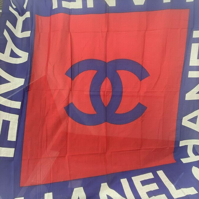 [USED/中古]CHANEL シャネル スカーフ 大判スカーフ パレオ ココマーク CHANELロゴ トリコロールカラー コットン 綿 ヴィンテージ ブルー レッド ホワイト コットン Cランク【中古】
