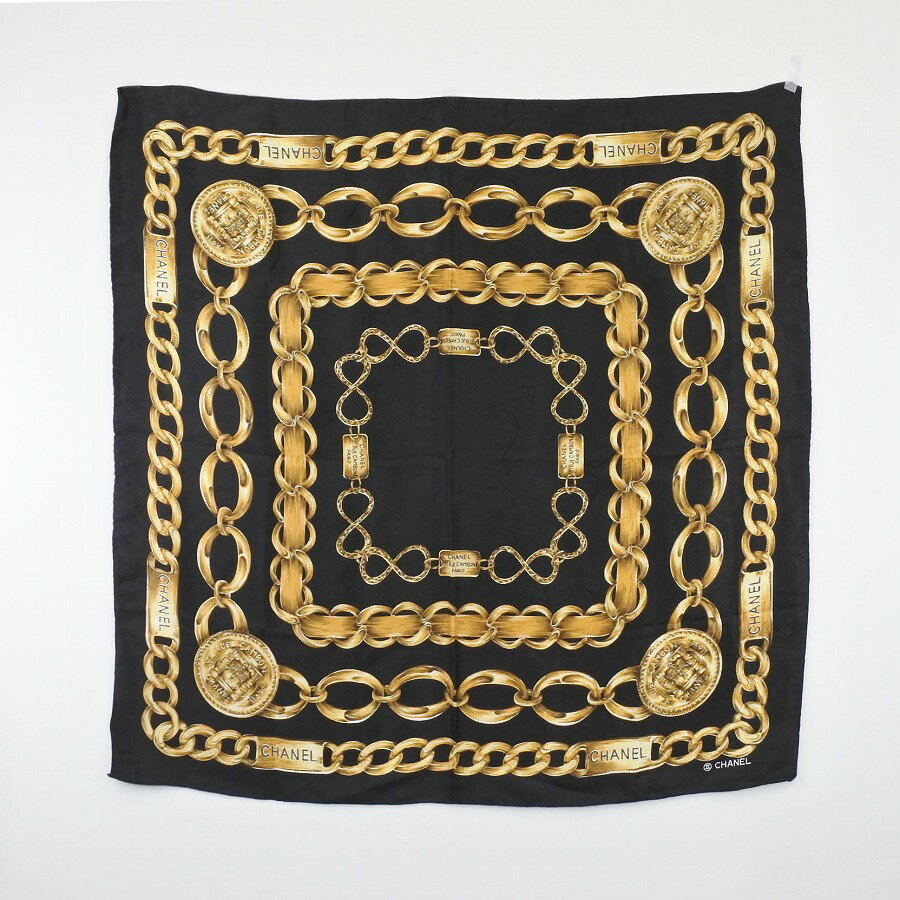 [USED/中古]CHANEL シャネル スカーフ ヴィンテージ カンボンライン チェーンベルト柄 ブラック×ゴールド ブラック ゴールド シルク Aランク【中古】のサムネイル