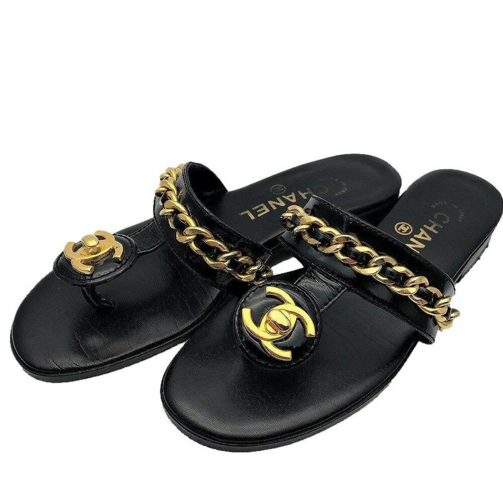 [USED/中古]CHANEL シャネル サンダル トングサンダル ターンロック×チェーン ココマーク 23.5 ブラック ゴールド レザー GP 23.5 C（やや傷や汚れあり）ランク 中古 ai-tdc-001697のサムネイル