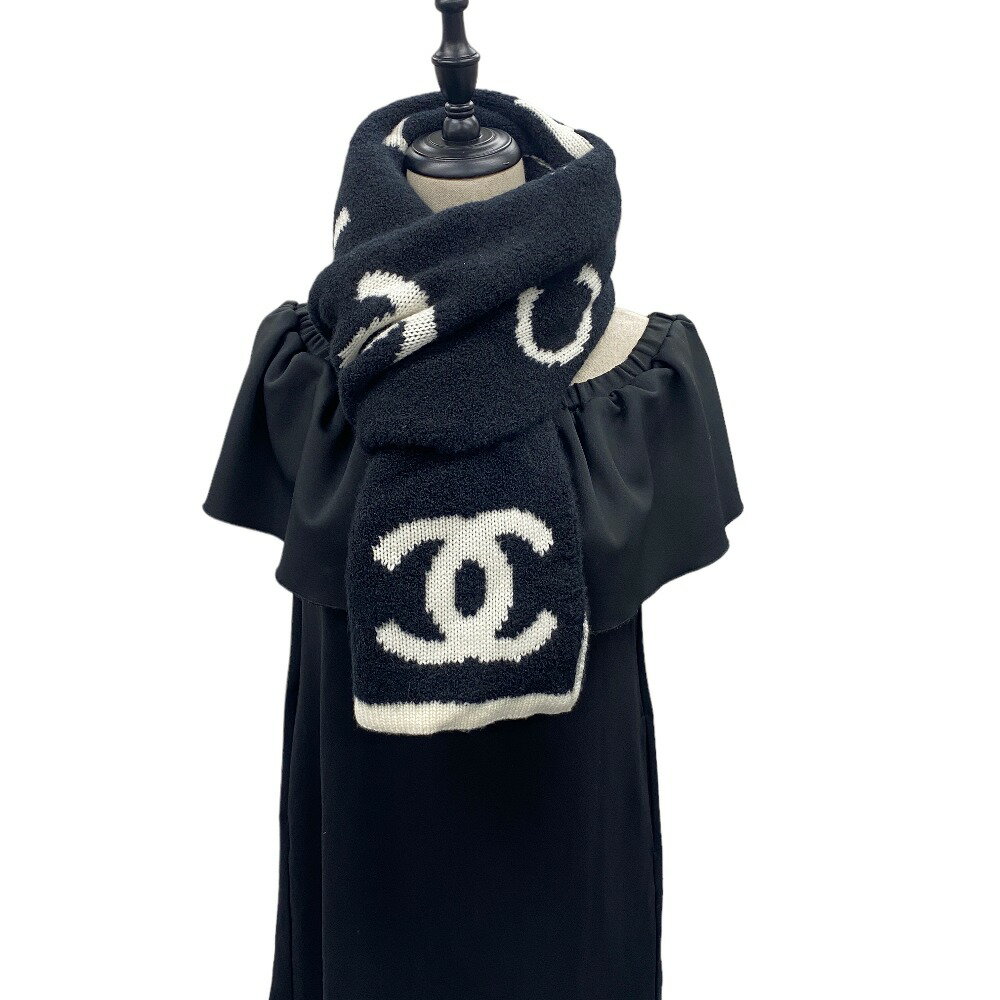 CHANEL シャネル マフラー・ショール ココマーク ロゴ カシミア ブラック×ホワイト カシミヤ ウール シルク Aランク 中古 tdc-001757-4d