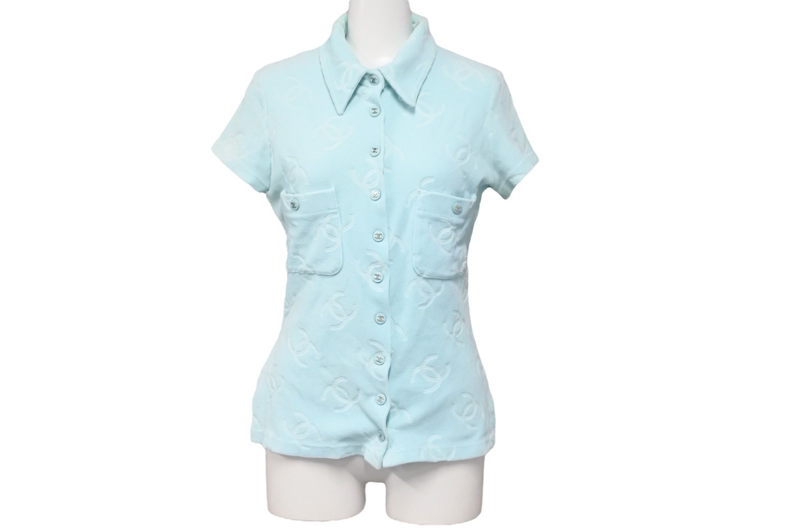 CHANEL シャネル ヴィンテージ ボタン半袖Tシャツ ベロア ココマーク 総柄 スカイブルー サイズ38 美品 中古 56200