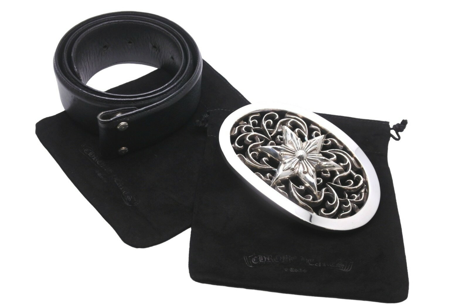 極美品 CHROME HEARTS クロムハーツ ベルト バックル OVAL STAR LARGE BUCKLE BELT レザー シルバー925..