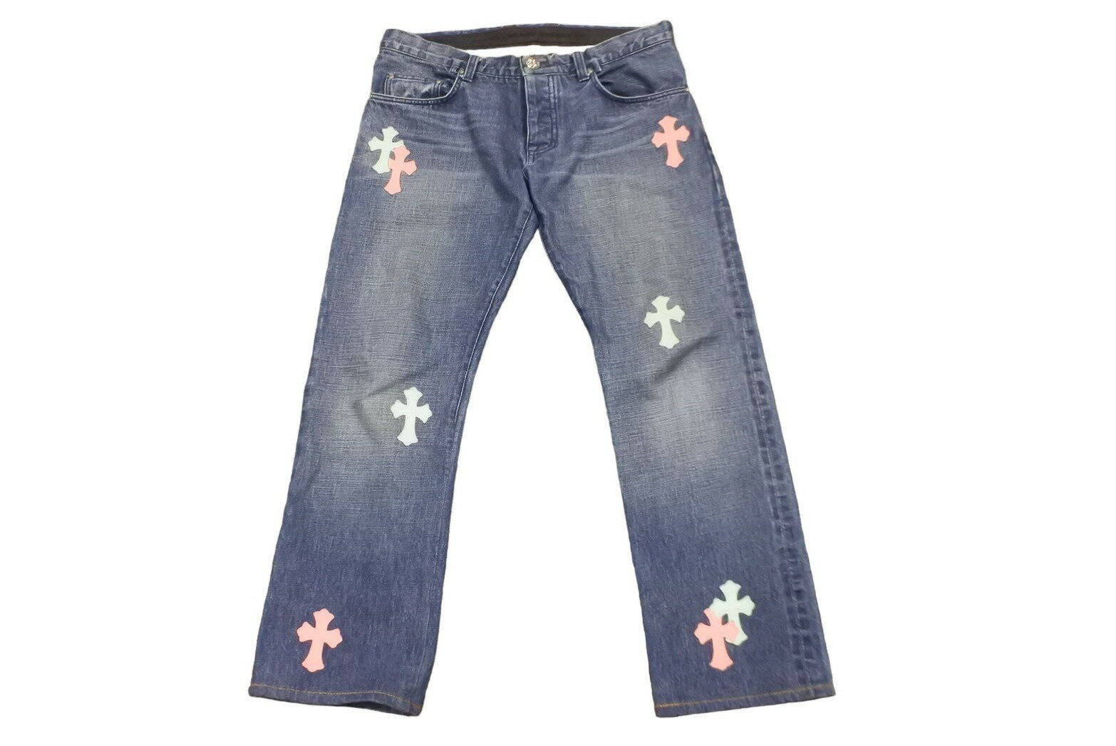 CHROME HEARTS クロムハーツ レザークロスパッチデニムパンツ ピンク スカイブルー サイズ34 美品 中古 59796