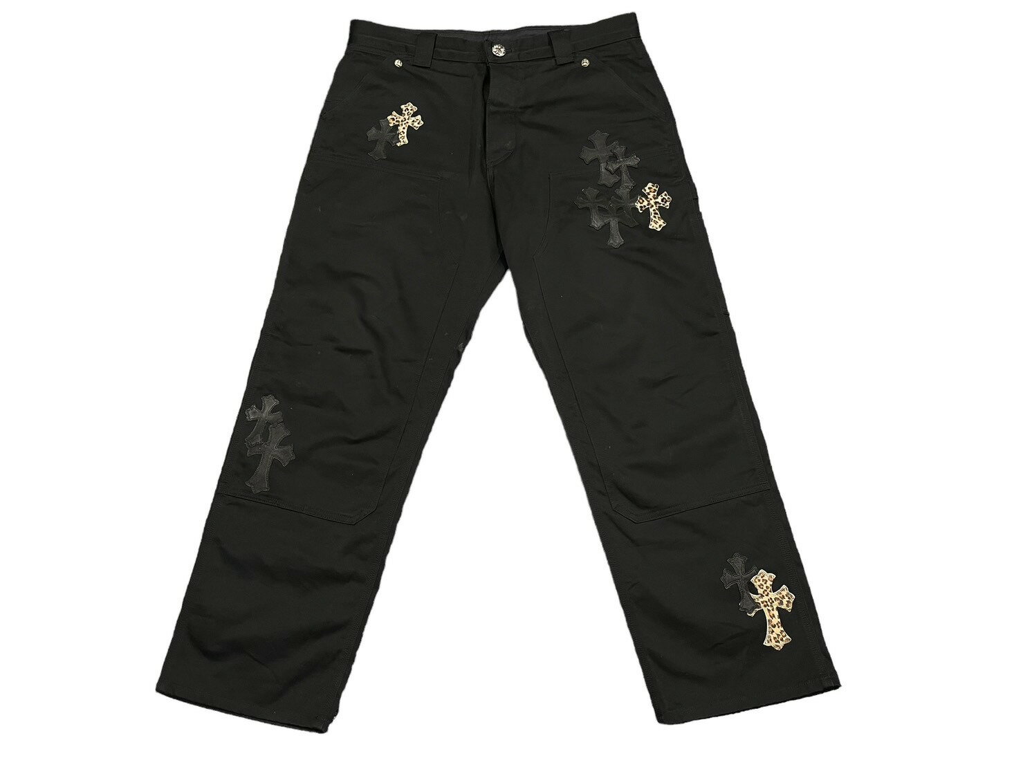 CHROME HEARTS クロムハーツ カーペンターロングパンツ ダブルニー ブラック クロスパッチ レオパード シルバー925 サイズ36 美品 中古 60041