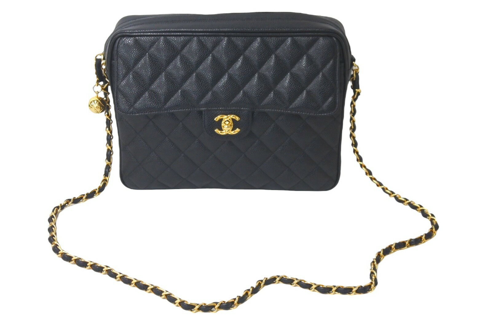 CHANEL シャネル ビジューチェーンショルダーバッグ マトラッセ 玉付きキャビアスキン 2番台 1992年 ブラック 美品 中古 50603