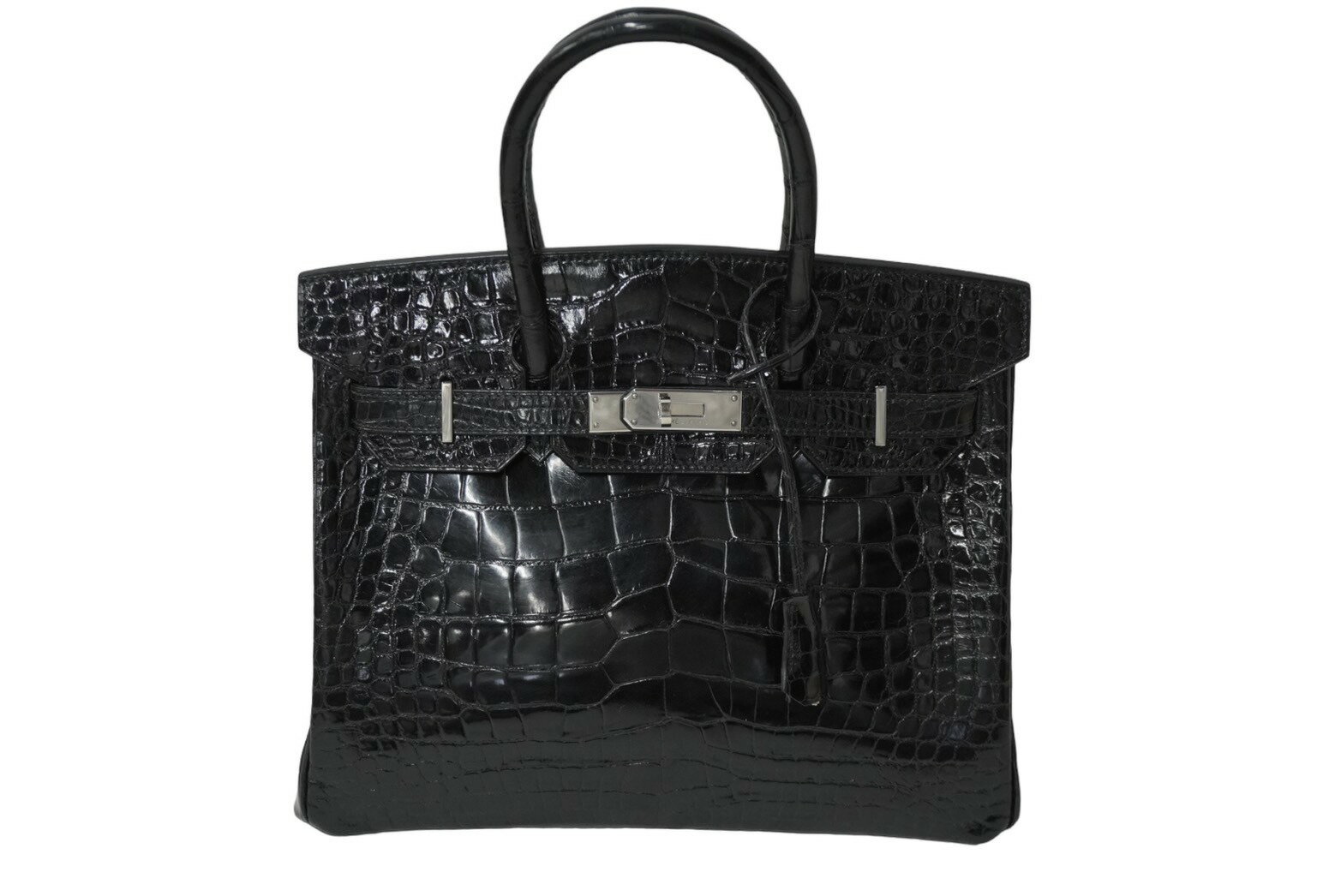 新品同様 HERMES エルメス BIRKIN バーキン30 ハンドバッグ アリゲーターシャイニー シルバー金具 ブラ..