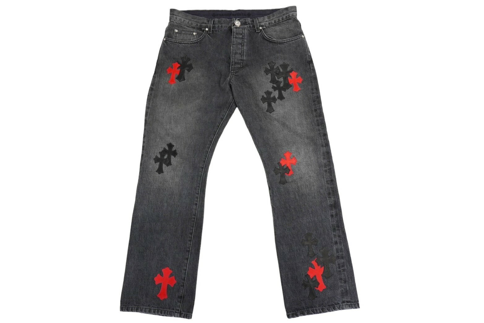 CHROME HEARTS クロムハーツ JEAN STRTLG FBRC クロスパッチ付きウォッシュドデニムパンツ 36 ブラック×レッド 美品 中古 62653