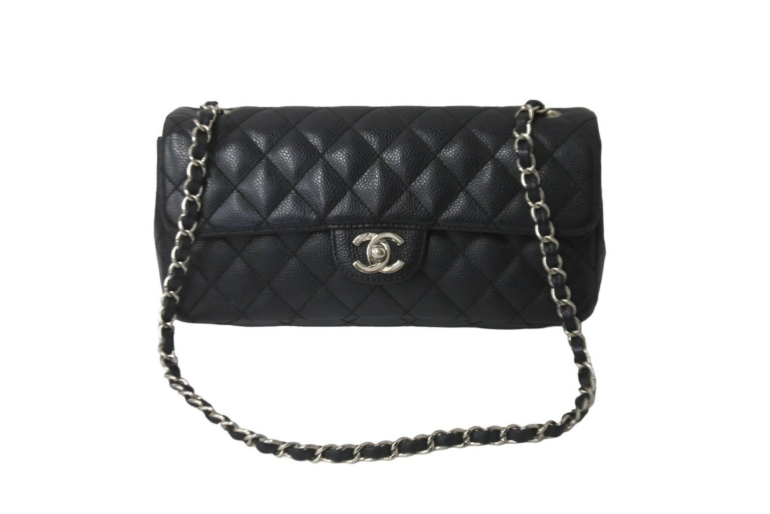 極美品 CHANEL シャネル イーストウエスト ショルダーバッグ キャビアスキン 11番台 黒×シルバー 中古 62731