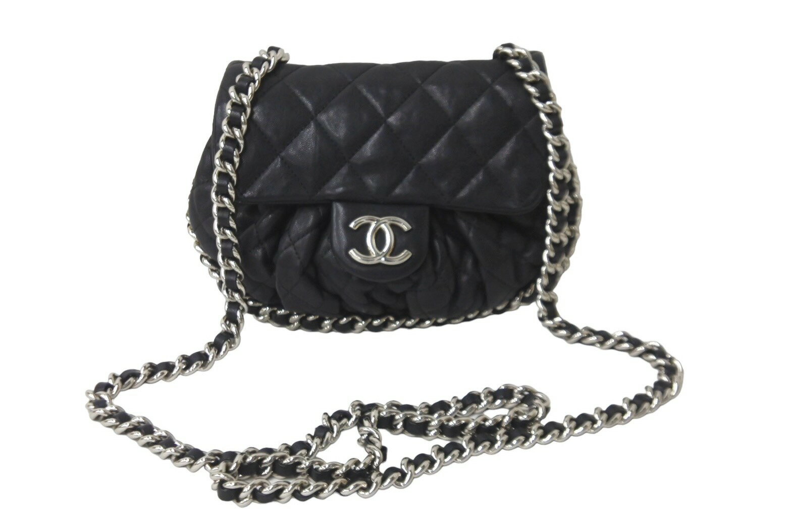 CHANEL シャネル チェーンアラウンドショルダーバッグ 18番台 ラムスキン ブラック シルバー金具 美品 中古 63518