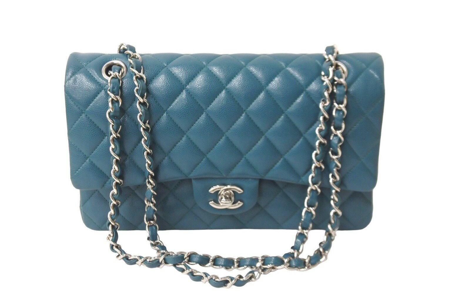 新品同様 CHANEL シャネル Wフラップ 25cm ショルダーバッグ キャビアスキン 26番台 マトラッセ グリーン系 シルバー金具 中古 64104のサムネイル