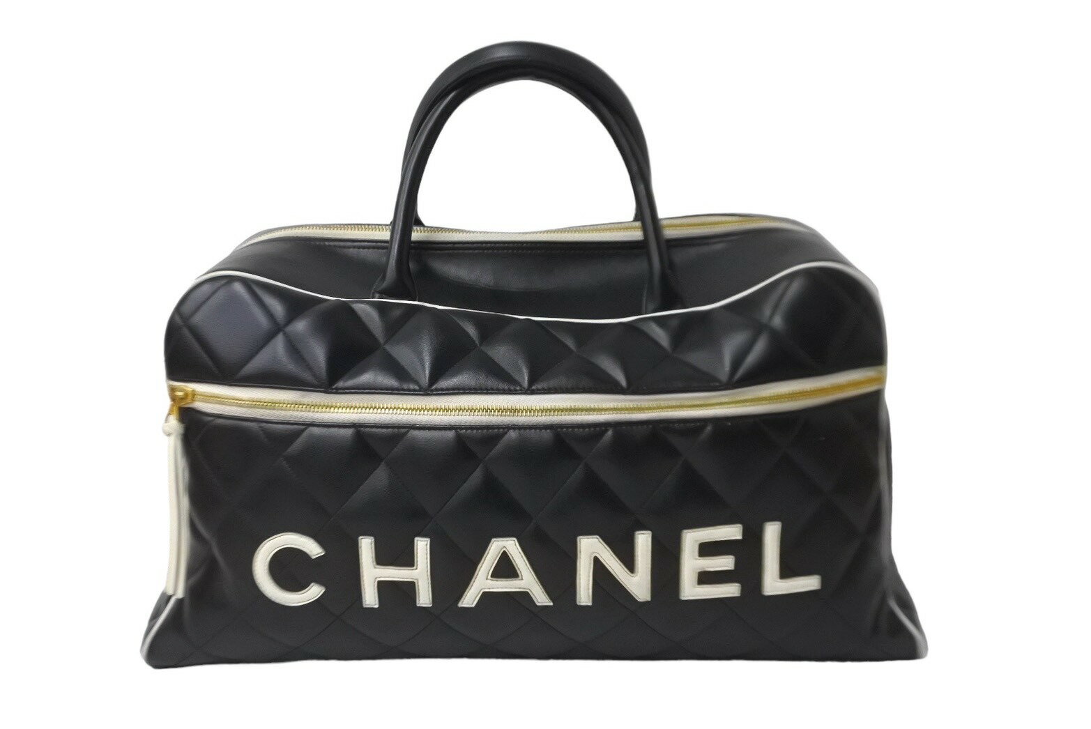 極美品 CHANEL シャネル スポーツ ロゴマトラッセ ボストンバッグ ブラック ホワイト 3番台 ロゴ ゴールド金具 中古 64178