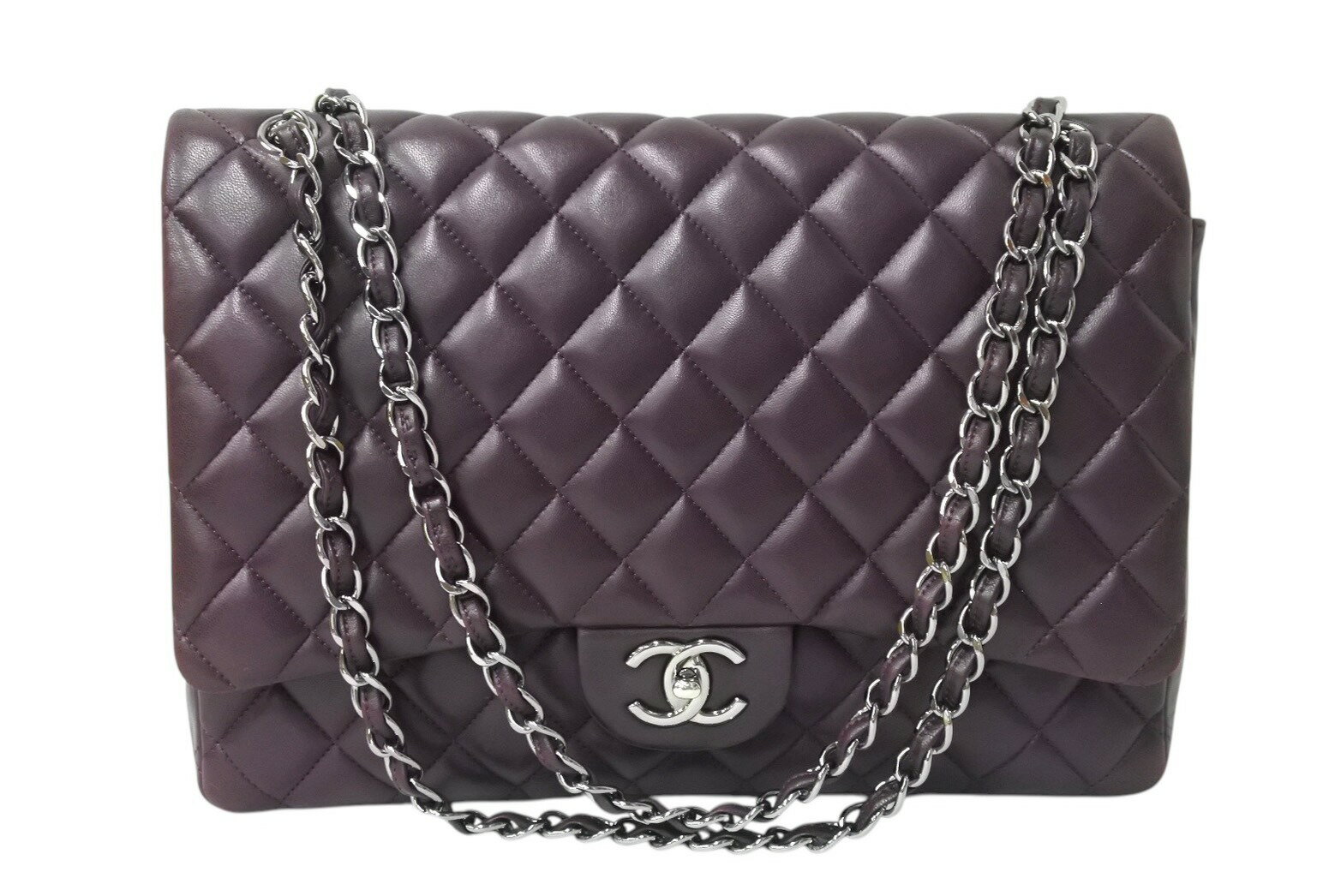 CHANEL シャネル デカマトラッセ33 Wチェーン ショルダーバッグ ハンドバッグ Wフラップ 15番台 ラムスキン パープル シルバー金具 良品 中古 4c069386(4)