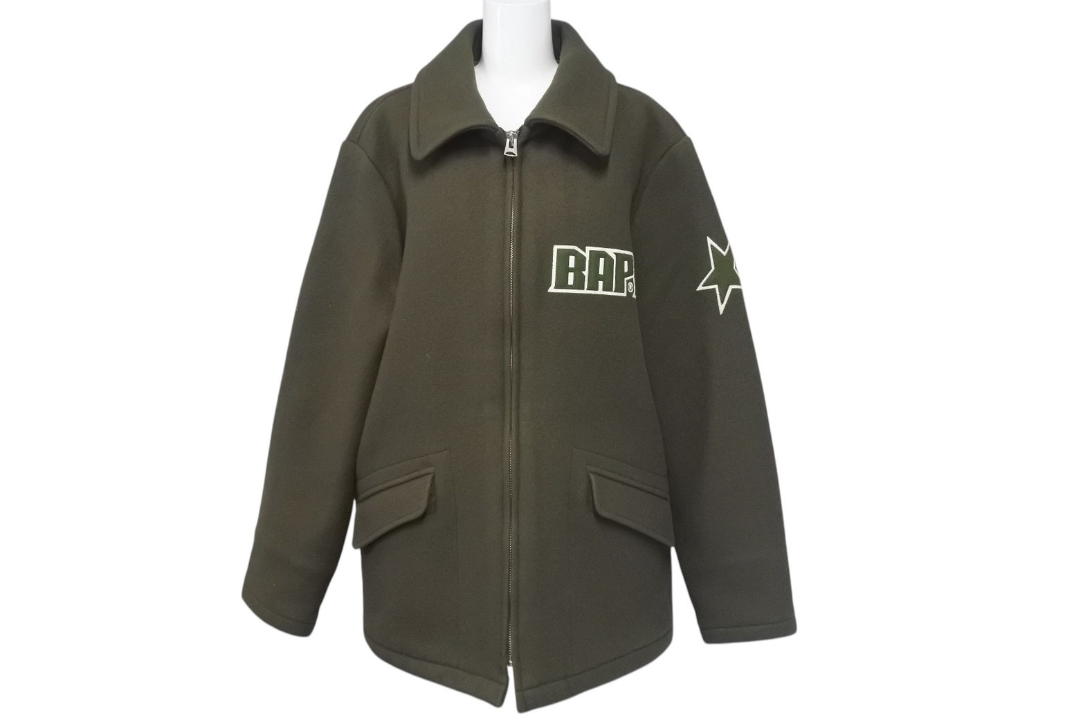 A BATHING APE アベイシングエイプ ウール ジャケット サイズ L カーキ メンズ コート 美品 中古 4c073892