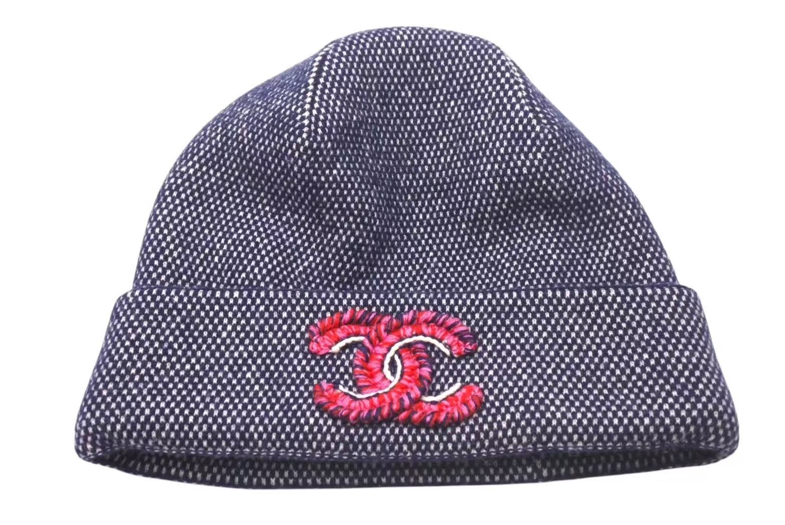 CHANEL シャネル Cashmere Embroidery Coco Mark Beanie カシミヤ 刺繍 ココマークビーニー ネイビー 美品 中古 4c074477