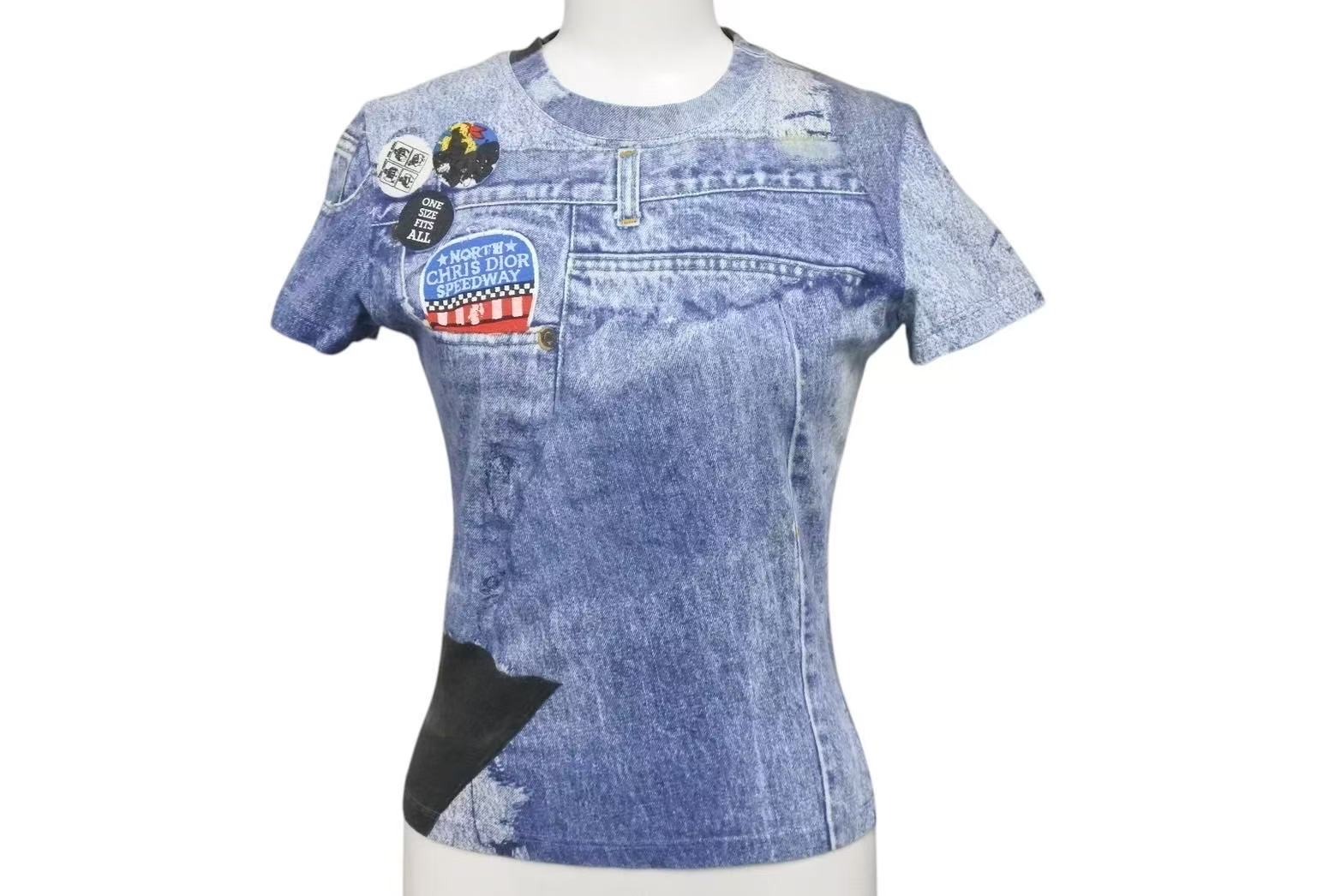 【セール】Christian Dior クリスチャンディオール 半袖Tシャツ 1A12055021 サイズ38 デニム総柄プリント ガリアーノ期 良品 中古 4c075147