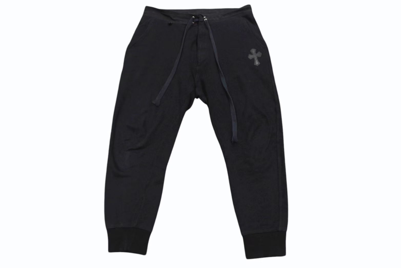 CHROME HEARTS クロムハーツ スウェットパンツ レザークロスパッチ シルバ−925 レザー コットン ブラック 美品 中古 4b001692