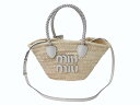 極美品 MIUMIU ミュウミュウ かごバッグ 2WAYバッグ 5BG273 ラフィア レザー ロゴパッチ ベージュ ホワイト ゴールド金具 中古 4b003240