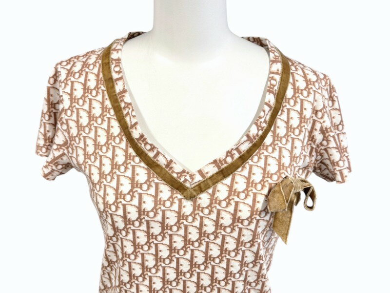 極美品 Christian Dior クリスチャンディオール 半袖VネックTシャツ 5P12044610 サイズ38 トロッター リボン ガリアーノ期 中古 4b005236