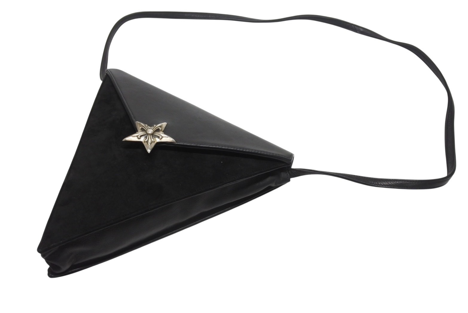 極美品 CHROME HEARTS クロムハーツ 5PT ラージスター トライアングル ショルダーバッグ ブラック ベロア レザー シルバー925 中古 4b006283(4)