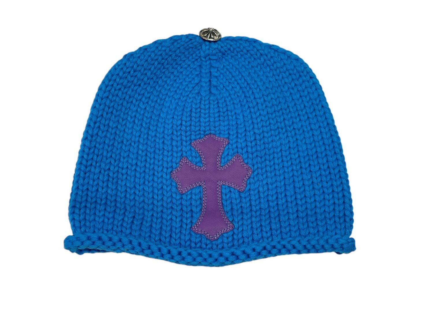 未使用 CHROME HEARTS クロムハーツ クロスパッチ ニットキャップ ビーニー カシミヤ レザー シルバー925 パープル ブルー 中古 4b0086...