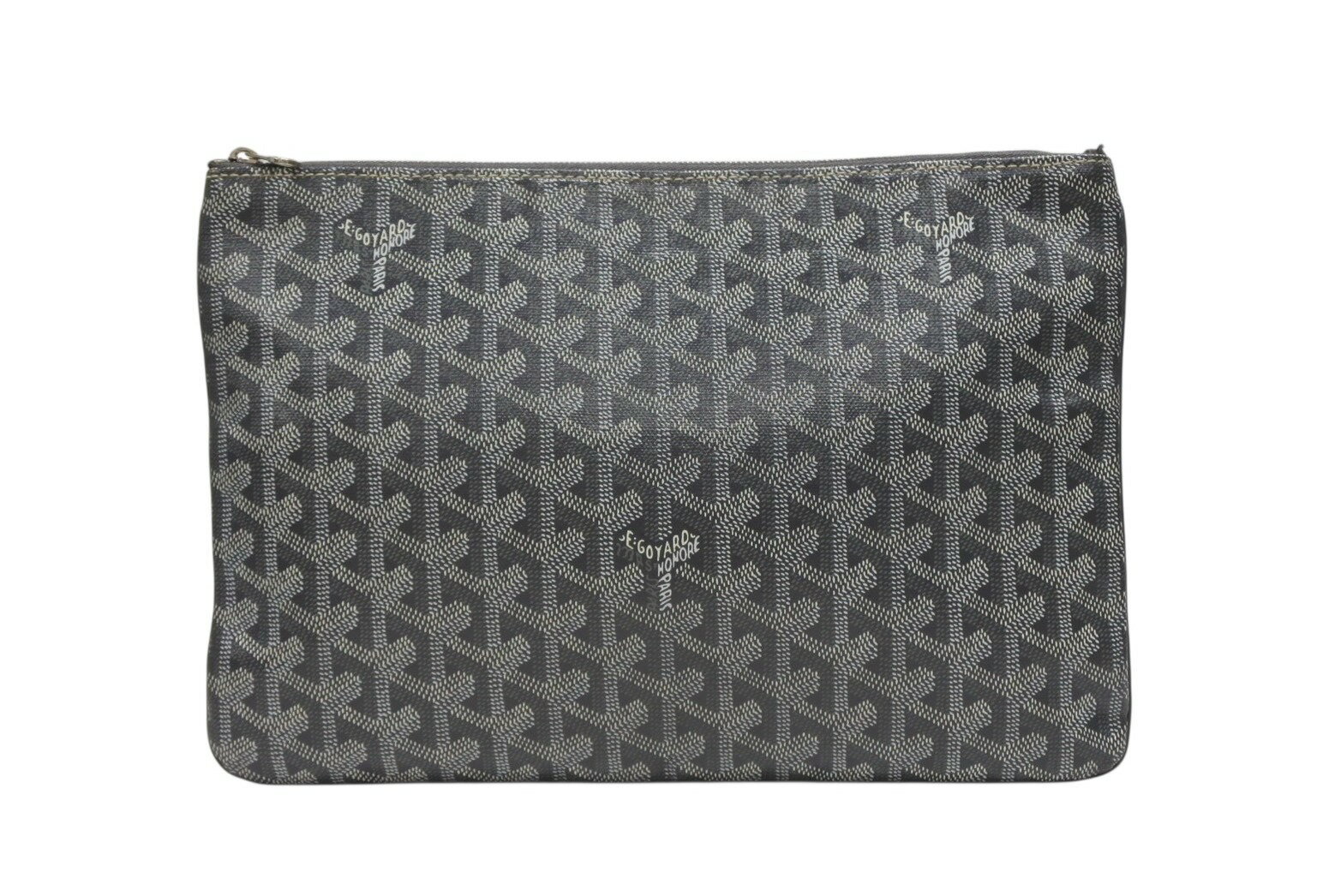 GOYARD ゴヤール セナMM クラッチバッグ ヘリンボーン柄 グレー PVC レザー シルバー金具 美品 中古 4b008889
