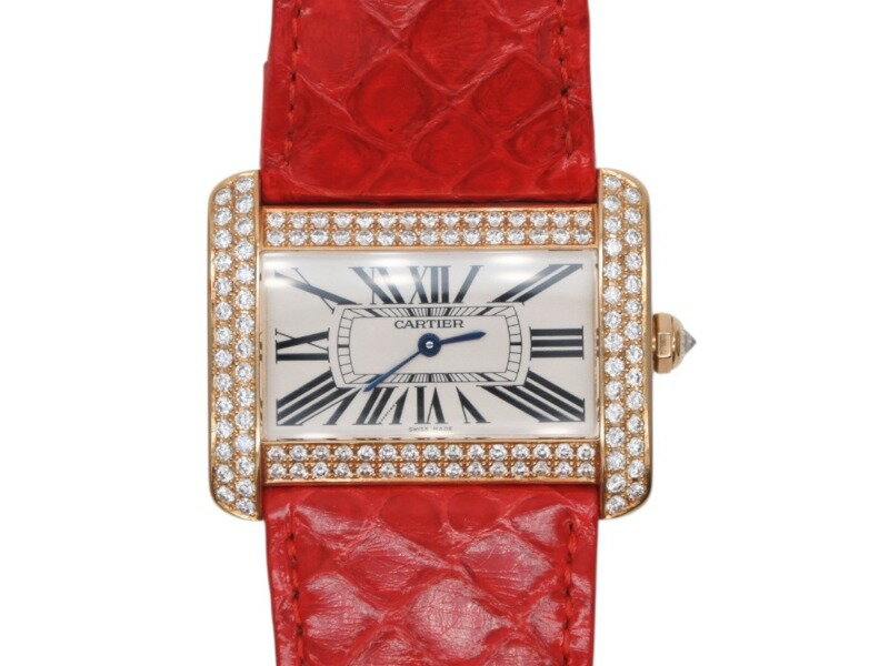 CARTIER カルティエ Tank Divan タンクディヴァン LMサイズ クォーツ YG750 ベゼルダイヤ リザードレザーバンド レッド 本体重量54.7g W6300556 美品 中古 4b009269