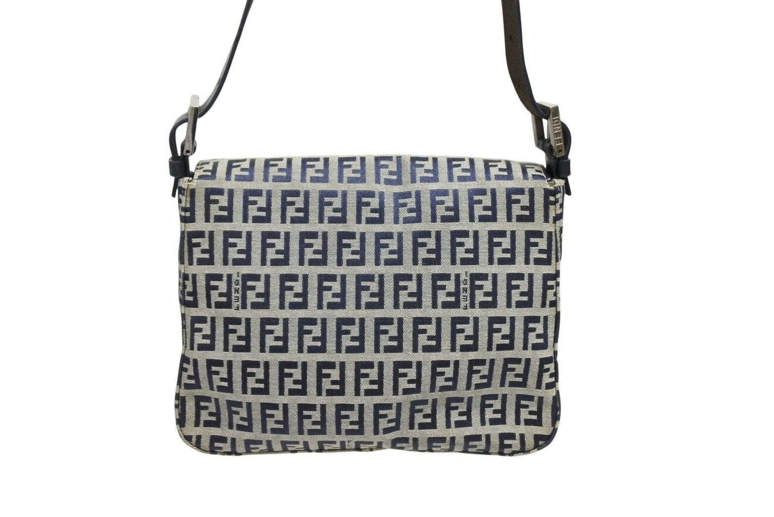 極美品 FENDI フェンディ ズッキーノ ワンショルダーバッグ イタリア製 キャンバス レザー グレー ネイビー シルバー金具 中古 4b009081