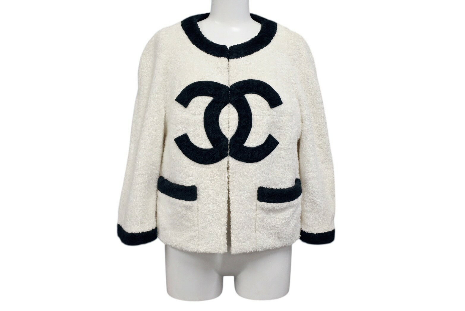 CHANEL シャネル VINTAGE ヴィンテージ テリークロス ノーカラージャケット ココマーク パイル オフホワイト ブラック 美品 中古 4b00924...