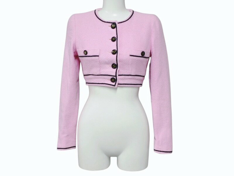 CHANEL シャネル ノーカラー クロップドジャケット PO1783VO4037 サイズ34 ココマーク ピンク 美品 中古 4b009199