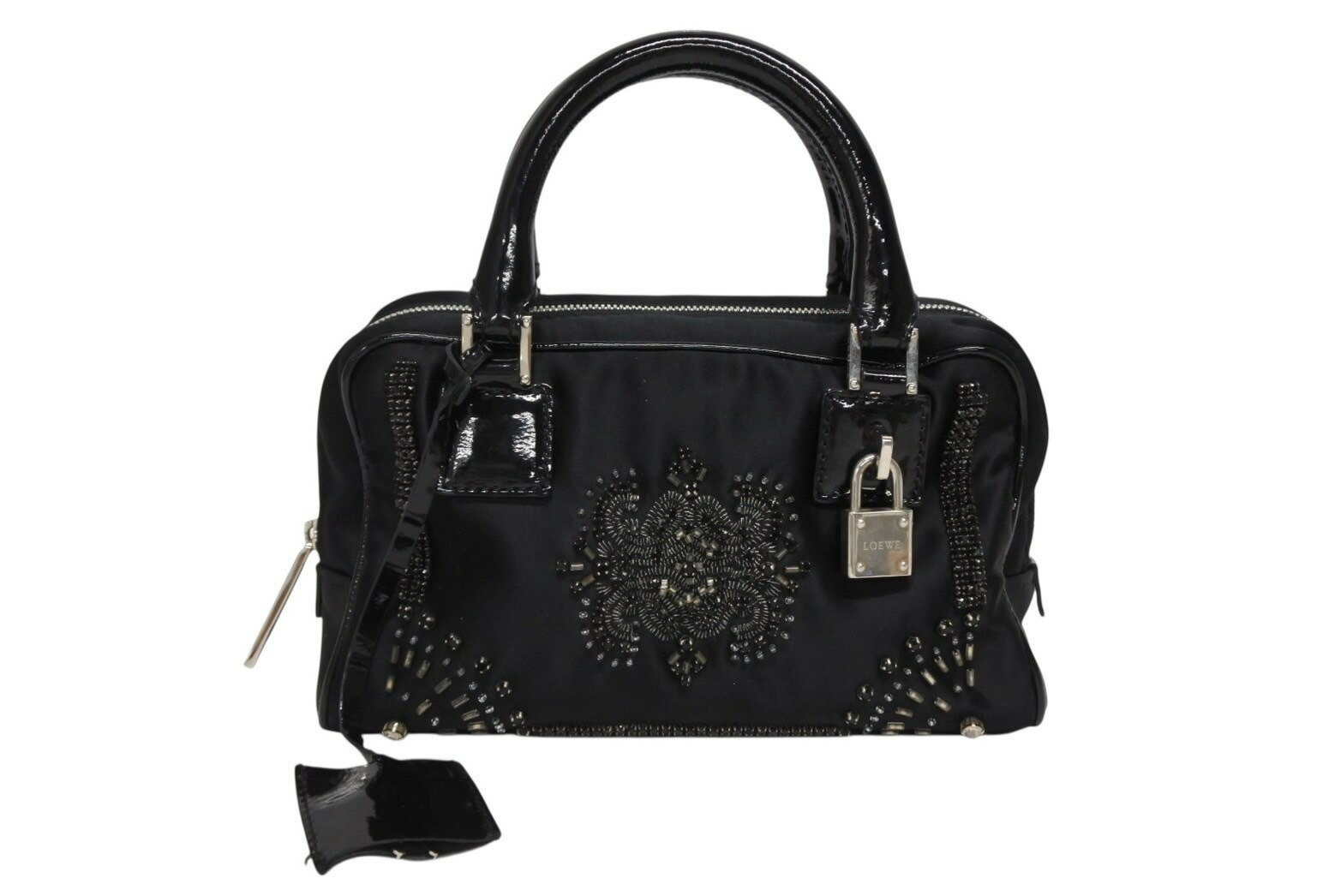 LOEWE ロエベ ミニアマソナ ミニハンドバッグ サテン ビーズ クリスタル ブラック シルバー金具 美品 中古 4b011032